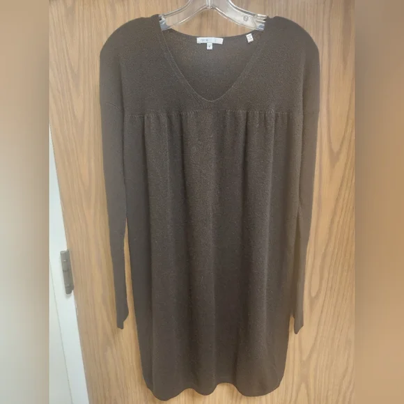 VINCE Brown Cashmere Tunic Sweater Dress V-Neck Sz M - Picture 1 of 6